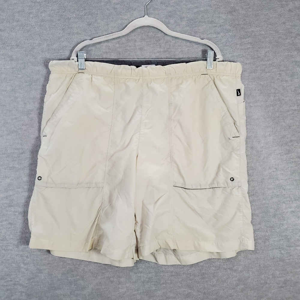 VINTAGE Nike Men Activewear‎ Shorts XL Ivory Swoosh Logo Pockets 9" Inseam